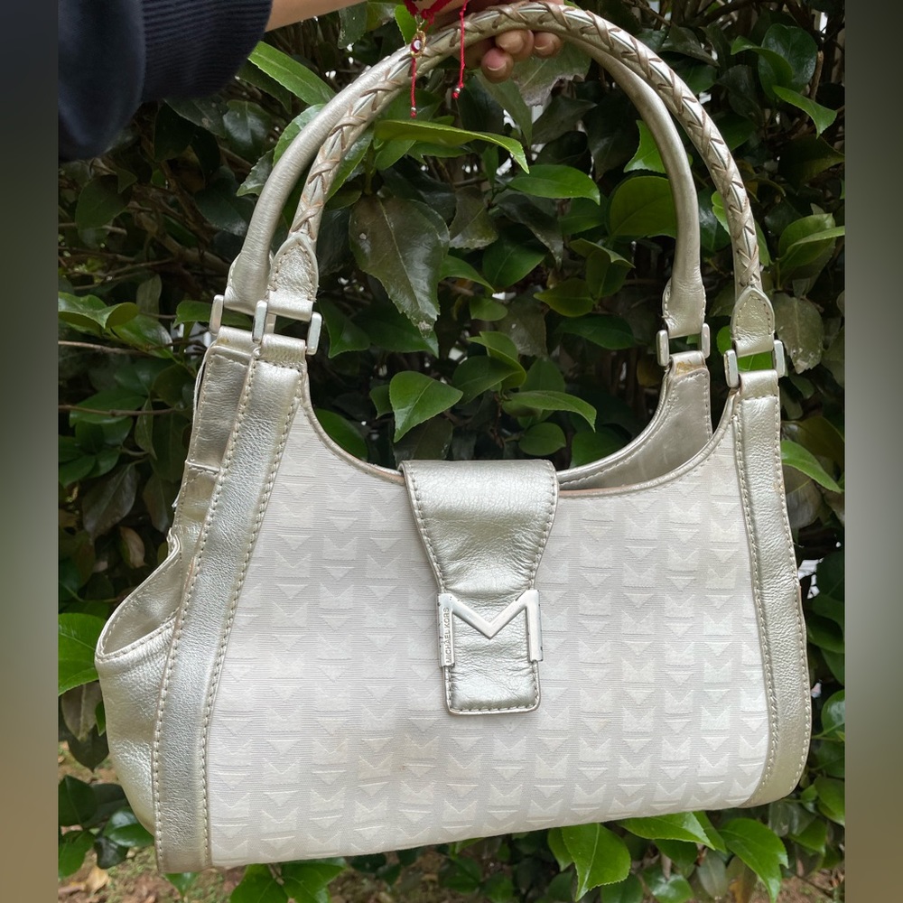 MICHAEL KORS Ivory Signature Jacquard Fabric Gold Leather handbag